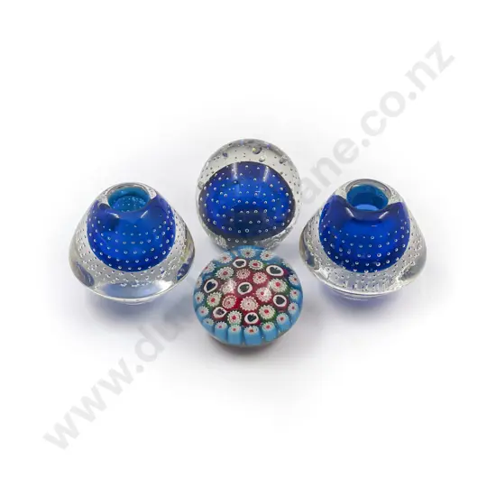 Two Art Glass Paperweights & Pair of Art Glass Candle Holders