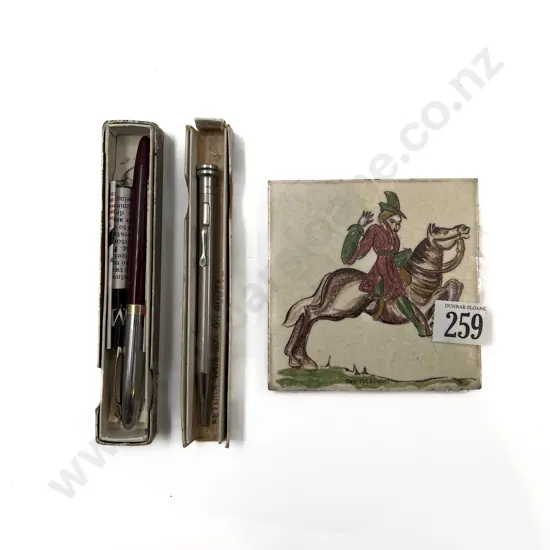 Boxed Sheaffers Pen together with Eversharp Pencil and Decorative Tile