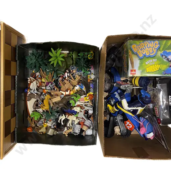 Two Boxes of Assorted Toys & Cased Chess Set