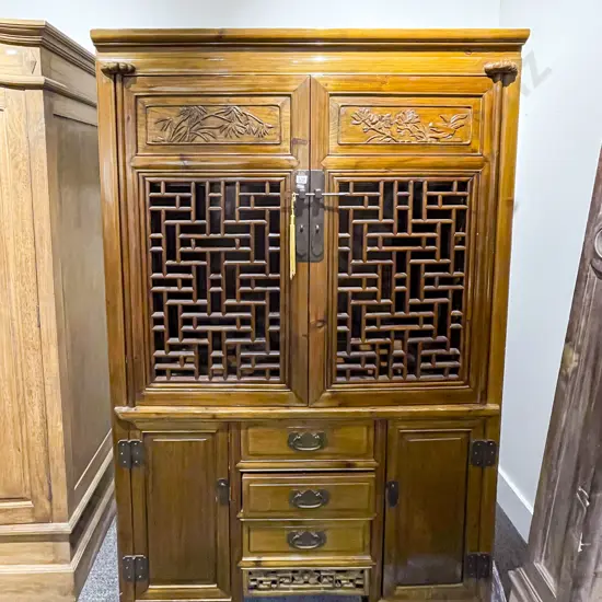 Oriental Hard Wood Cupboard with Drawers and Doors to Base