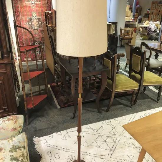 Mid Century Standard Lamp with Tapered Wood and Brass Support Beam