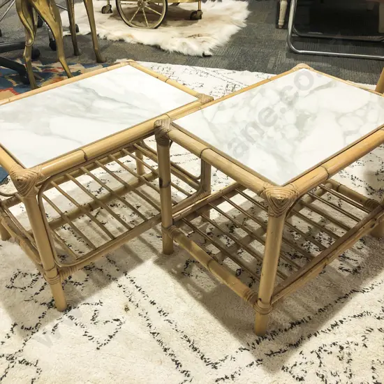 Pair of Cane Coffee Tables with Marble Insert Tops