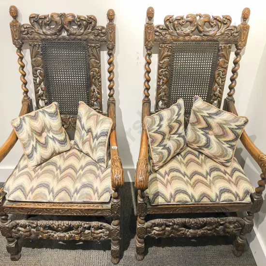 Pair of Vict Jacobean Style Oak Great Hall Throne Chairs