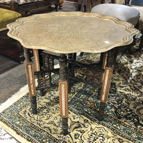 Indian Brass Tray Top Table with MOP Inlay to Base