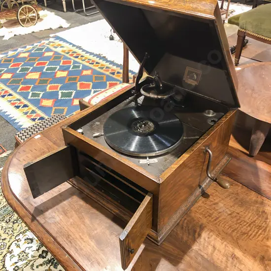 Oak 'His Masters Voice' Table Top Gramophone with Additional Vintage Records