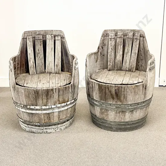 Pair Rustic French Wine Barrel Chairs