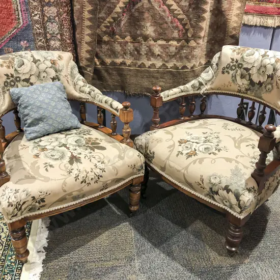 Pair of Floral Upholstered Spindle Back Tub Chairs