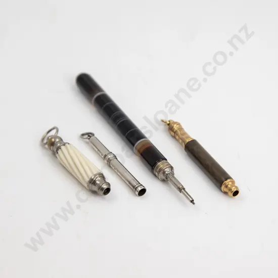 Three Victorian Chatelaine Propelling Pencils and Striated Agate Pencil