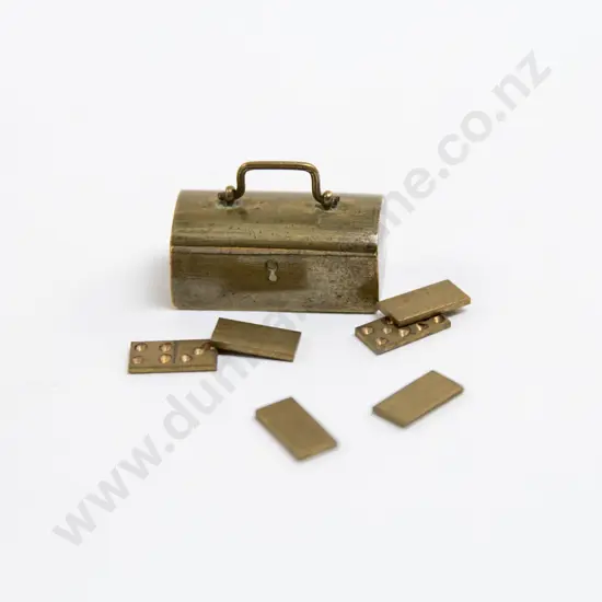 Vintage Miniature Brass Chest Charm containing 13 Domino Tiles