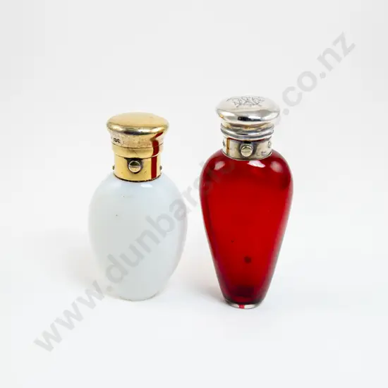 Two Victorian Cranberry and Milk Glass Scent Phials