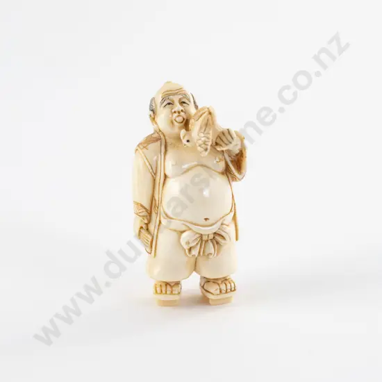 Signed Ivory Netsuke of an Immortal Holding a Bird