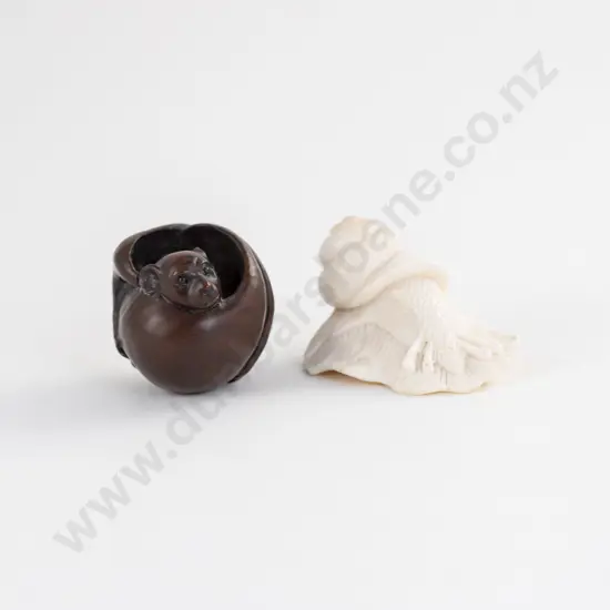 Carved Marine Ivory and Fruitwood Okimono and Netsuke