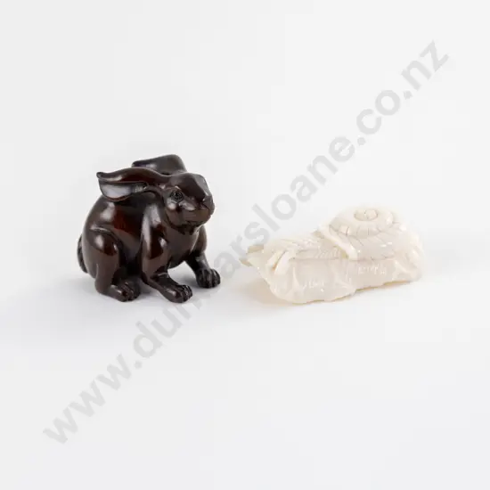 Carved Marine Ivory and Fruitwood Okimono and Netsuke