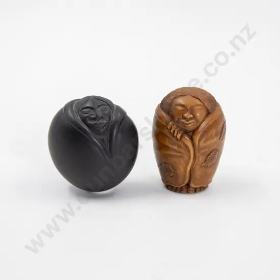 Signed Carved Fruitwood Netsuke of woman wrapped in a blanket