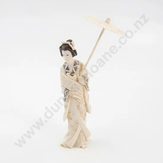 Japanese Carved Ivory Bijin Standing Figure holding an Umbrella