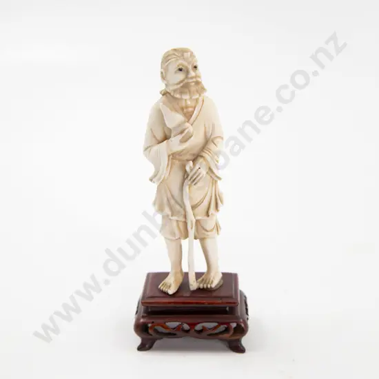 Chinese Carved Ivory Immortal with staff and holding a gourd on stand 13cmH