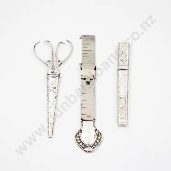 C19th S/S Sewing Needle Case scissors in sheath and ruler
