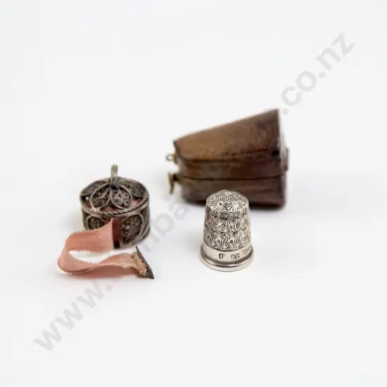 Leather Boxed S/S Thimble and Filigree Silver Tape Measure