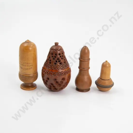 Three Victorian Small Treen Canisters and Vegetable Ivory Carved Wax Holder
