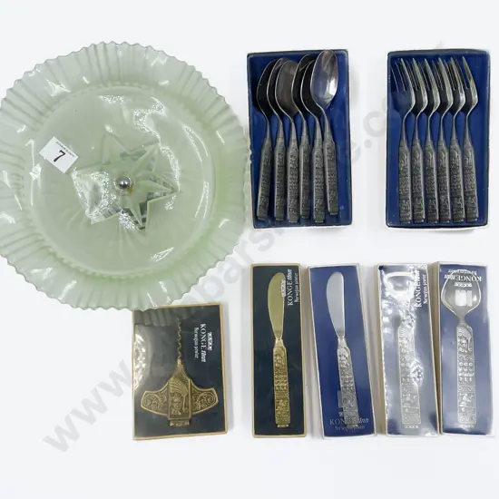 Quantity of Boxed Pewter Cutlery together with Pressed Glass Comport