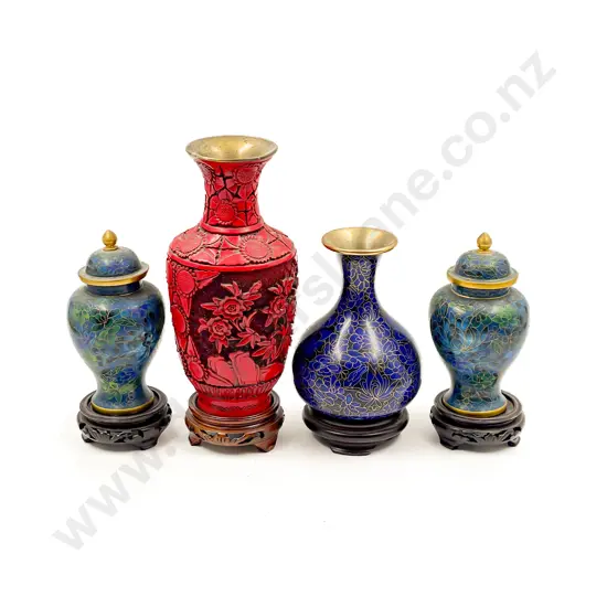 Pair of Cloisonne Vases with Cinnabar Lacquer Vase & Other