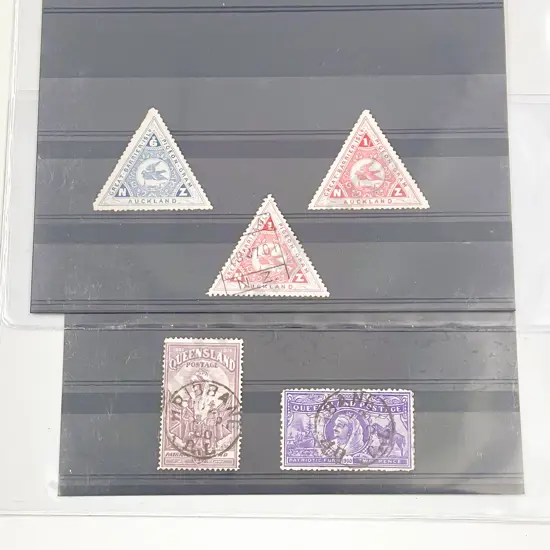Three Great Barrier Pigeon Gram Stamps and two Victoria Queensland Stamps patriotic fund