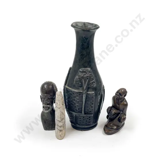Hardstone Relief Moulded Vase together with Three Figures