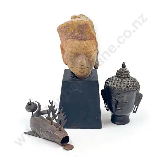 Stone Bust on Stand together with Bronze Buddha Head & Other