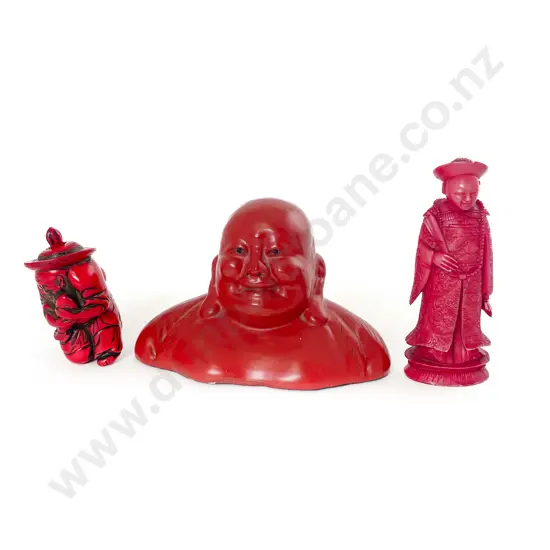 Red Coral Snuff Man Together with Red Dyed Ivory Figure and Lacquered Plaster Buda