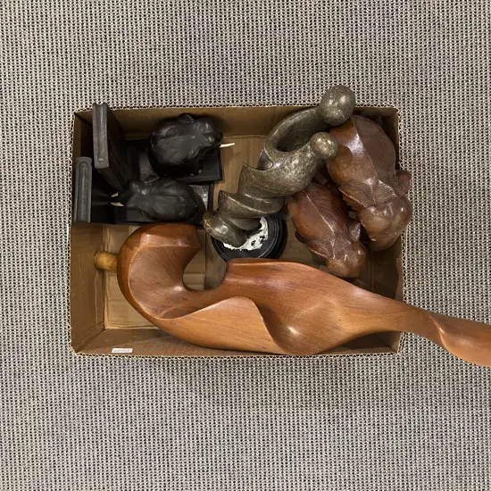 Box of Assorted incl Ebonised Elephant Bookends etc