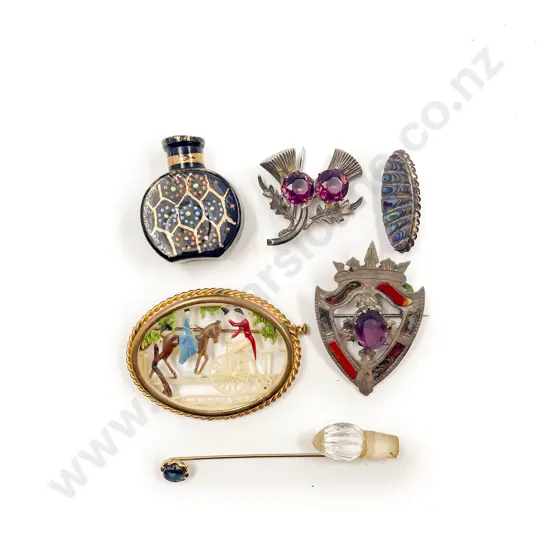 French Hand Painted Lady on Horse Brooch Two S/S Scottish Brooches and Assorted