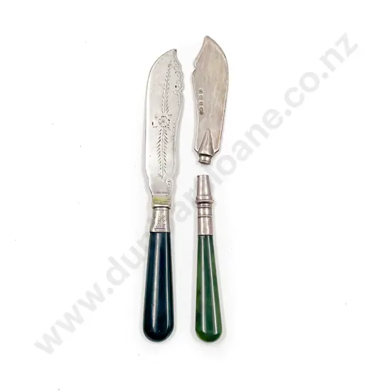 Two S/S & Greenstone Handled Butter Knives - 1 A/F