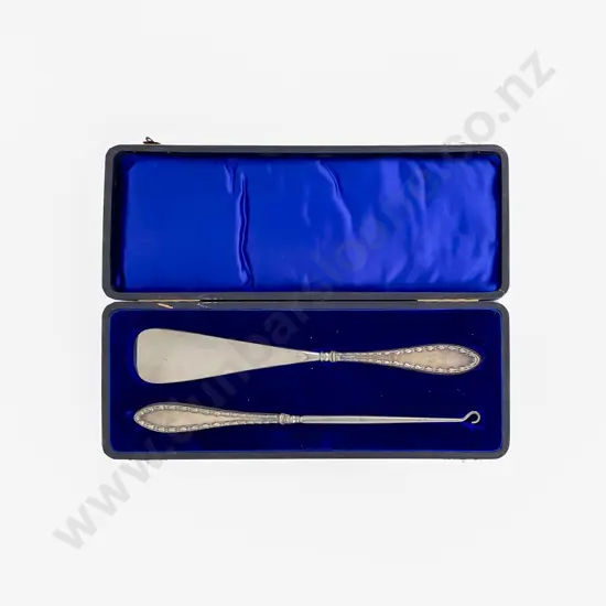 Cased Edw VII S/S Handled Button Hook & Shoe Horn