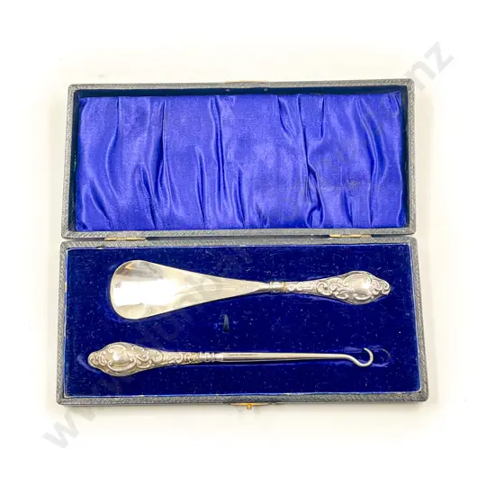 Cased S/S Handled Button Hook and Shoe Horn