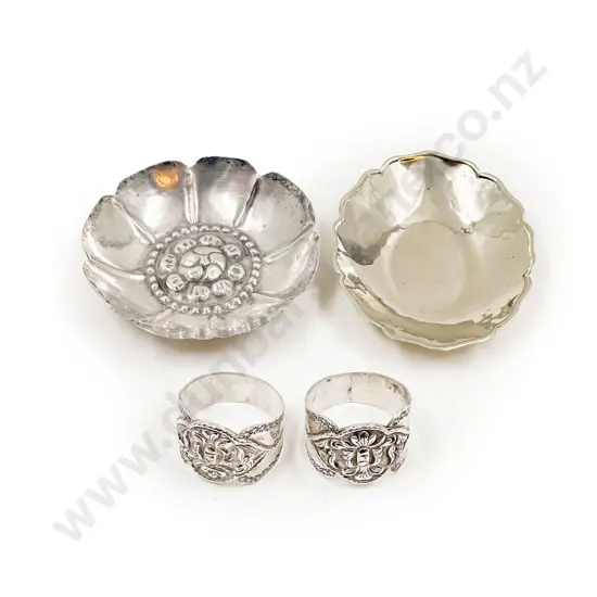 Two .925 Silver Dishes with Two .800 Silver Napkin Rings