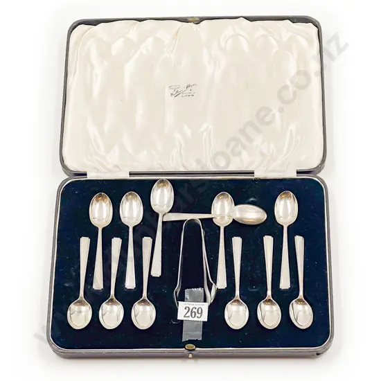 Boxed Set of Twelve Plated Teaspoons & Sugar Tongs