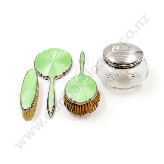 S/S Topped Powder Bowl & Three Pce Enamelled Vanity Set
