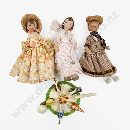 Vintage Hen Pecking Paddle & Three Small Dolls