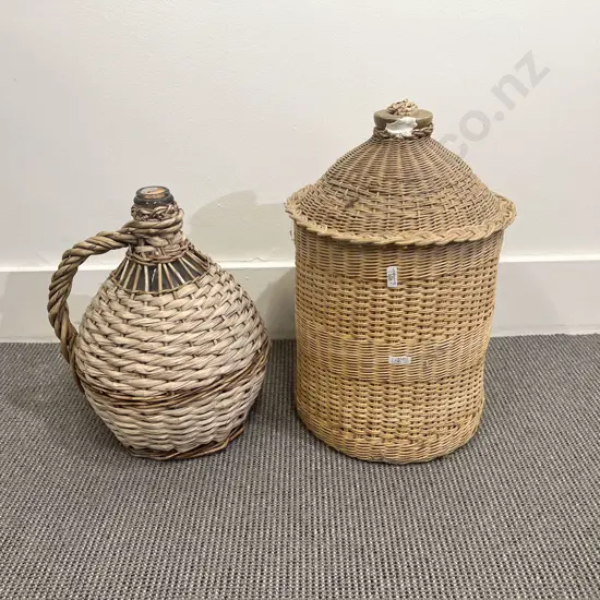 Wicker Bound Stoneware Bottle & Other Glass Bottle