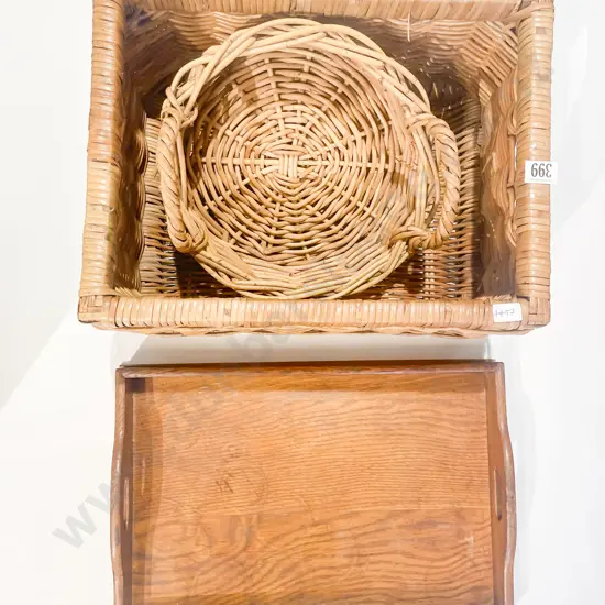 Oak Tray and Two Wicker Items