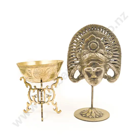 Brass Mask on Stand together with Brass Bowl on Stand