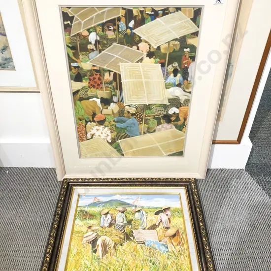 Indistinctly Signed Oil Market Scene together with Other Oil Work