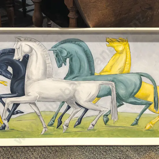 Mid Century Oil on Board Horses in Landscape