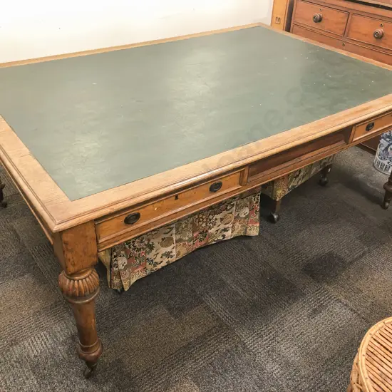 Large Antique Oak Leather Topped Library Table