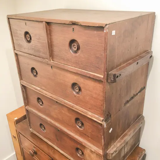 Two Stage Rustic Campaign Chest of Drawers