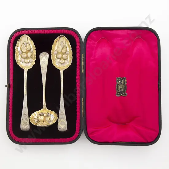 Cased Pair S/S Gilt Berry Spoons & Sauce Ladle