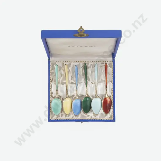 Cased Set Of 6 S/S Gilt & Coloured Enamel Coffee Spoons