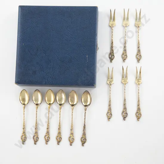 Cased Set Of 6 Norwegian S/S Gilt Coffee Spoons & 6 Matching Cake Forks