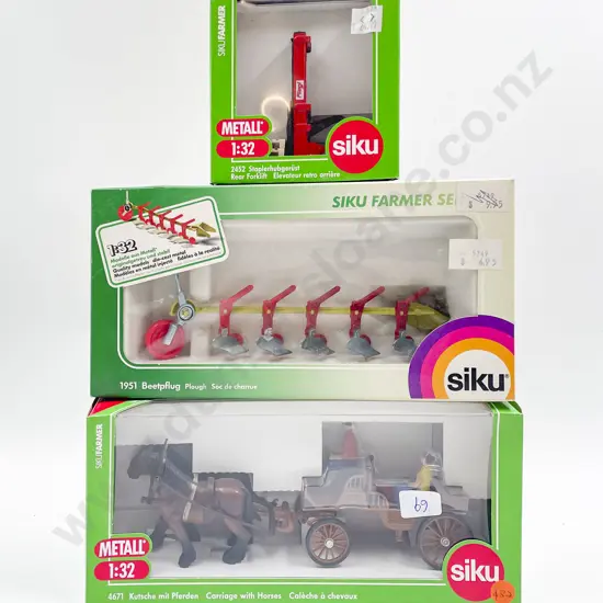 Boxed Siku Farmer Series 1:32 4671 Carriage with Horses 1951 Plough 2452 Rear Forklift
