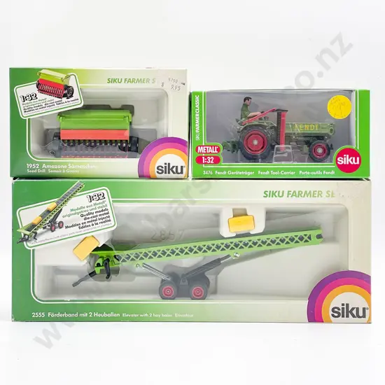 Boxed Siku Farmer Series 1:32 3476 Fendt Tool-Carrier 2555 Hay Bale Elevator 1952 Seed Drill